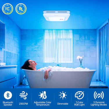Bathroom Exhaust Fan with Bluetooth Speaker, 230 CFM 1.0 Sone Bathroom Exhaust Fan with Light, 3 Dynamic Light, 7 LED Color, 3 Color Temperatures, Nightlight, Music Sync, Remote, Easy Install