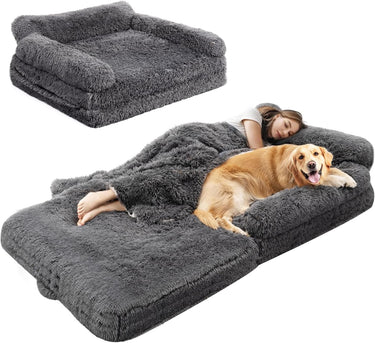 72" Foldable Human Dog Bed for Adults, Fluffy Faux Fur with Blanket, Orthopedic Washable Dog Bed with Memory Foam and Water Repellent Liner Extra Large Thick for Pet
