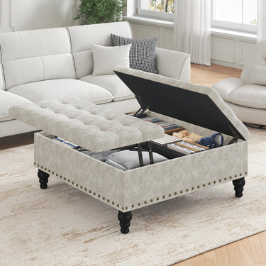 Large Square Storage Ottoman Bench,Versatile Lift-Top Coffee Table, Toy Box Footrest for Living Room in Chenille, Black