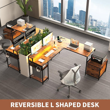 66" L Shaped Desk with Wood Drawers, 113" 2 Person Desk with Printer Stand, Large Reversible L Shape Gaming Desk with Power Outlet, Brown Computer Desk with Power Outlet for Home Office