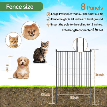 8 Panels Metal Garden Fence,24 in H x 16 ft L Garden Fencing Animal Barrier,Garden Decorative Fence Outdoor Rustproof for Yard Patio Flower Bed Lawn