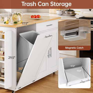 Kitchen Island with Hidden Trash Can Storage, Rolling Kitchen Island with Storage, Drop Leaf, 3-Tier Spice Rack, Towel Rack & Drawer, Portable Island for Kitchen
