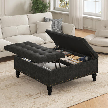 Large Square Storage Ottoman Bench,Versatile Lift-Top Coffee Table, Toy Box Footrest for Living Room in Chenille, Black