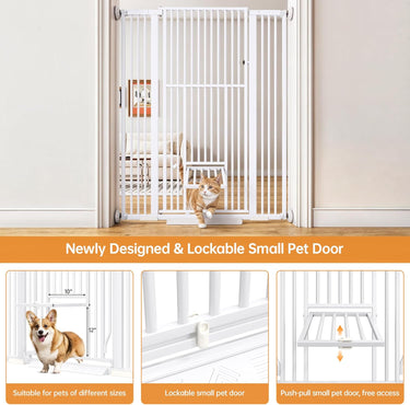 55.1'' Extra Tall Pet Gate for Cat, 29.5-43'' Extra Wide Cat Gate for Doorway with Upgraded Cat Door and 1.37'' Narrower Bar Spacing, NO Drilling Pressure Mounted Dog Gate Indoor