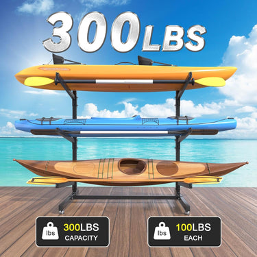 LotFun Freestanding Kayak Stand, Fits Kayaks, SUPs, Canoes, with Wheels and Foot Pad, Heavy Duty Adjustable Storage Rack