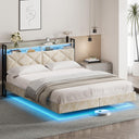 Queen Size Floating Bed Frame with LED Lights, Black Upholstered and Metal Platform Bed Queen, Modern Stable Floating Bed Frame Without Headboard, No Box Spring Needed, Easy to Assemble
