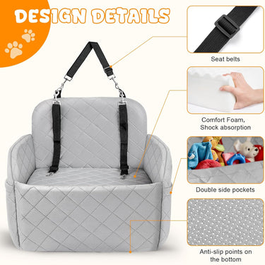 Dog Booster Car Seat for Small/Medium Size, Memory Foam Dog Car Seats, Detachable Booster Cushion, Two Side Pockets, Safety Straps, Washable Pet Car Seat (Grey)