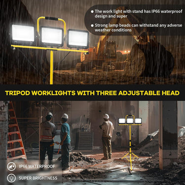 22500 Lumen LED Work Lights with Stand, 3 Adjustable Head Portable Work Light with 324 Super-Powerful LED Lamp Beads and 16.4FT Cord, Waterproof Tripod Worklights with 6500 Kelvin Color Temperature