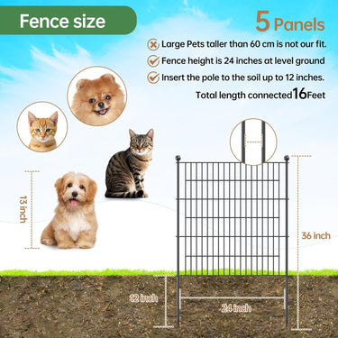 5 Panels Metal Garden Fence,24 in H x 10 ft L Garden Fencing Animal Barrier,Garden Decorative Fence Outdoor Rustproof for Yard Patio Flower Bed Lawn