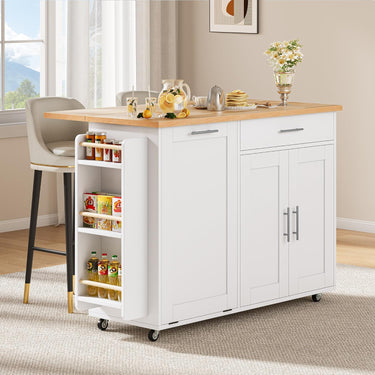 Kitchen Island with Hidden Trash Can Storage, Rolling Kitchen Island with Storage, Drop Leaf, 3-Tier Spice Rack, Towel Rack & Drawer, Portable Island for Kitchen