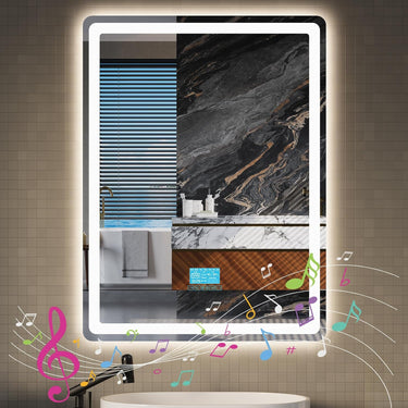 LED Bathroom Mirror with Bluetooth Speaker, 24"x 32" Lighted Bathroom Mirrors Wall Mounted, Anti-Fog, 3 Color Temperature, Dimmable Brightness, Tempered Glass, Frontlit & Backlit