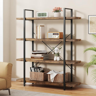 Bookshelf, 4 Tier Book Shelf, Industrial Bookcase for Home and Office, 47" Length Wide Wood Standing Bookshelf Display Open Shelving Rack, Rustic Horizontal Shelves for Living Room Bedroom
