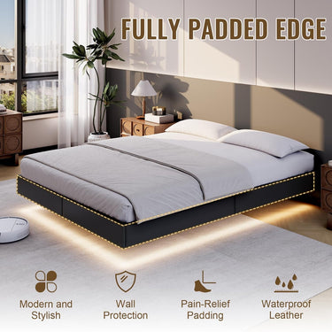 Queen Size Floating Bed Frame with LED Lights, Black Upholstered and Metal Platform Bed Queen, Modern Stable Floating Bed Frame Without Headboard, No Box Spring Needed, Easy to Assemble