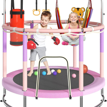 Trampoline for Kids, Upgrade Full Anti-Rust 440lbsToddler Trampoline with Net, 55'' Upgraded Ring Legs Trampoline with Adjustable Gymnastics Bar&Toys, Gifts for Ages 1-8 Boys&Girls（Blue）