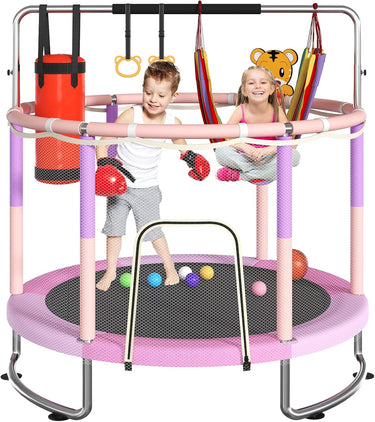 Trampoline for Kids, Upgrade Full Anti-Rust 440lbsToddler Trampoline with Net, 55'' Upgraded Ring Legs Trampoline with Adjustable Gymnastics Bar&Toys, Gifts for Ages 1-8 Boys&Girls（Blue）