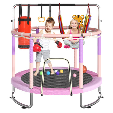 Trampoline for Kids, Upgrade Full Anti-Rust 440lbsToddler Trampoline with Net, 55'' Upgraded Ring Legs Trampoline with Adjustable Gymnastics Bar&Toys, Gifts for Ages 1-8 Boys&Girls（Blue）
