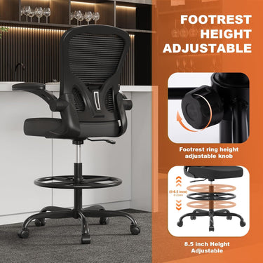 Synorla Ergonomic Drafting Chair, Tall Office Chair with Flip-up Armrests, Breathable Mesh High Desk Chair with Lumbar Support Adjustable Footrest Ring for Standing Desk, Home Office Studio