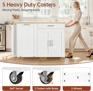 Kitchen Island with Hidden Trash Can Storage, Rolling Kitchen Island with Storage, Drop Leaf, 3-Tier Spice Rack, Towel Rack & Drawer, Portable Island for Kitchen