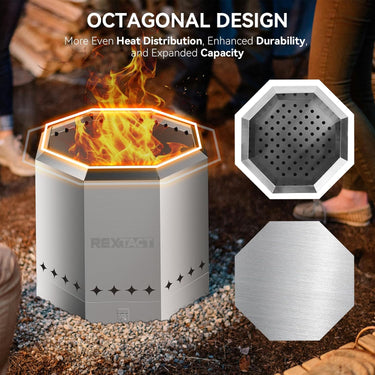 Octagonal Smokeless Fire Pit 16.5'' with Adjustable Airflow Control and Dual-Layer Construction, Portable Smokeless Fire Pit with Removable Ash Pan Outdoor, Stainless Steel Fire Pit for Patio with Bag