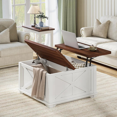 Farmhouse Lift Top Coffee Table, Square Coffee Table with Large Hidden Storage Compartment for Living Room, Wooden Coffee Tables with Brown Flip-Top Lids for Home Office, White