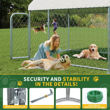 Outdoor Large Dog Kennel 6.6 x 6.6 FT, Heavy Duty Dog Enclosure with UV & Rain-Proof Fully Covered Roof, Rustproof Metal Mesh, Double Security Locks (79" L * 79" W * 63" H)