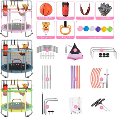 Trampoline for Kids, Upgrade Full Anti-Rust 440lbsToddler Trampoline with Net, 55'' Upgraded Ring Legs Trampoline with Adjustable Gymnastics Bar&Toys, Gifts for Ages 1-8 Boys&Girls（Blue）