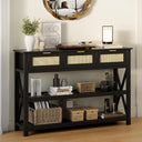 47.2" Modern Console Table with 3 Rattan Drawers, Entryway Table with 3-Tier Storage Shelves, Narrow Long Sofa Table for Entryway, Hallway, Foyer and Living Room, Black