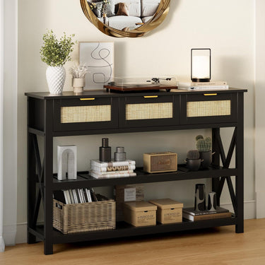 47.2" Modern Console Table with 3 Rattan Drawers, Entryway Table with 3-Tier Storage Shelves, Narrow Long Sofa Table for Entryway, Hallway, Foyer and Living Room, Black
