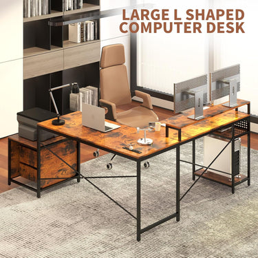 66" L Shaped Desk with Wood Drawers, 113" 2 Person Desk with Printer Stand, Large Reversible L Shape Gaming Desk with Power Outlet, Brown Computer Desk with Power Outlet for Home Office