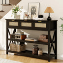 47.2" Modern Console Table with 3 Rattan Drawers, Entryway Table with 3-Tier Storage Shelves, Narrow Long Sofa Table for Entryway, Hallway, Foyer and Living Room, White