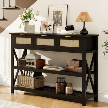 47.2" Modern Console Table with 3 Rattan Drawers, Entryway Table with 3-Tier Storage Shelves, Narrow Long Sofa Table for Entryway, Hallway, Foyer and Living Room, White