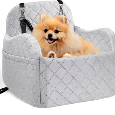 Dog Booster Car Seat for Small/Medium Size, Memory Foam Dog Car Seats, Detachable Booster Cushion, Two Side Pockets, Safety Straps, Washable Pet Car Seat (Grey)