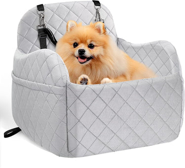 Dog Booster Car Seat for Small/Medium Size, Memory Foam Dog Car Seats, Detachable Booster Cushion, Two Side Pockets, Safety Straps, Washable Pet Car Seat (Grey)