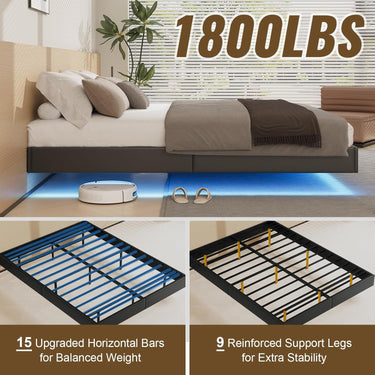 Queen Size Floating Bed Frame with LED Lights, Black Upholstered and Metal Platform Bed Queen, Modern Stable Floating Bed Frame Without Headboard, No Box Spring Needed, Easy to Assemble