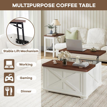 Farmhouse Lift Top Coffee Table, Square Coffee Table with Large Hidden Storage Compartment for Living Room, Wooden Coffee Tables with Brown Flip-Top Lids for Home Office, White