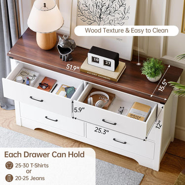 Farmhouse 6 Drawer Dresser for Bedroom, 51" Wide Chest of Drawers, Wood White Dresser with Deep Drawers, Storage Dressers Organizer for Bedroom, Living Room, Hallway