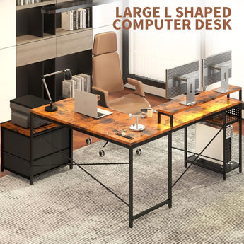 66" L Shaped Desk with Drawer, Large Reversible L Shape Gaming Desk with Power Outlet,113" 2 Person Desk with Printer Stand, Computer Desk with Led Light for Home Office, Rustic Brown