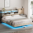 Queen Size Floating Bed Frame with LED Lights, Black Upholstered and Metal Platform Bed Queen, Modern Stable Floating Bed Frame Without Headboard, No Box Spring Needed, Easy to Assemble
