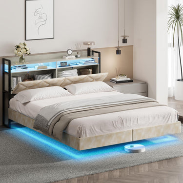 Queen Size Floating Bed Frame with LED Lights, Black Upholstered and Metal Platform Bed Queen, Modern Stable Floating Bed Frame Without Headboard, No Box Spring Needed, Easy to Assemble