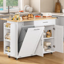 Kitchen Island with Hidden Trash Can Storage, Rolling Kitchen Island with Storage, Drop Leaf, 3-Tier Spice Rack, Towel Rack & Drawer, Portable Island for Kitchen