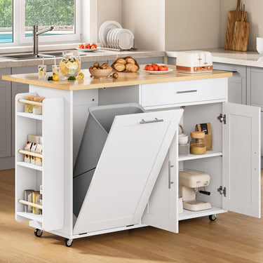 Kitchen Island with Hidden Trash Can Storage, Rolling Kitchen Island with Storage, Drop Leaf, 3-Tier Spice Rack, Towel Rack & Drawer, Portable Island for Kitchen