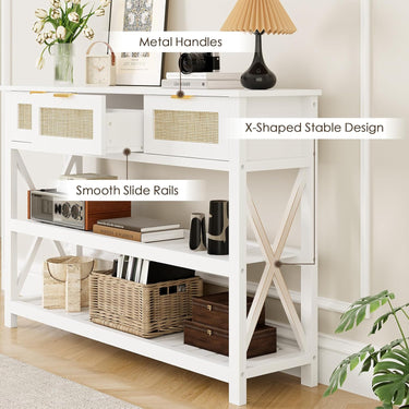 47.2" Modern Console Table with 3 Rattan Drawers, Entryway Table with 3-Tier Storage Shelves, Narrow Long Sofa Table for Entryway, Hallway, Foyer and Living Room, White