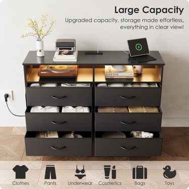 Black 6 Drawer Dresser for Bedroom with LED Lights and Charging Station, Modern Wood Dressers with Extra Side Bag, Double Wide Drawer Cabinet TV Stand for up to 60" TV for Living Room
