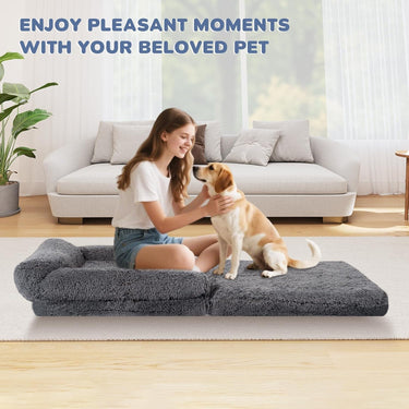 72" Foldable Human Dog Bed for Adults, Fluffy Faux Fur with Blanket, Orthopedic Washable Dog Bed with Memory Foam and Water Repellent Liner Extra Large Thick for Pet