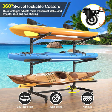 LotFun Freestanding Kayak Stand, Fits Kayaks, SUPs, Canoes, with Wheels and Foot Pad, Heavy Duty Adjustable Storage Rack