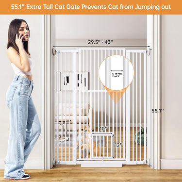 55.1'' Extra Tall Pet Gate for Cat, 29.5-43'' Extra Wide Cat Gate for Doorway with Upgraded Cat Door and 1.37'' Narrower Bar Spacing, NO Drilling Pressure Mounted Dog Gate Indoor