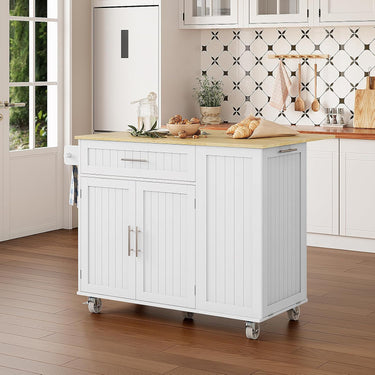 Kitchen Island with Storage, 31.5" D Rolling Kitchen Island Cart on Wheels with Widen Drop Leaf Rubberwood Top, Large Mobile Kitchen Island with Trash Can Storage and Towel Bar, White