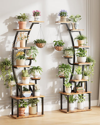 LotFun Plant Stand Indoor with Grow Lights, 9 Tiered Indoor Metal Plant Shelf 2 Pack, 64" Tall Plant Stand for Indoor Plants Multiple, Curved Shape Rack Plant Holder, Large Holder Display Shelf for Living Room, Garden, Patio