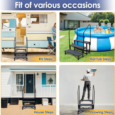 3-Step RV Steps with Dual Handrails – Heavy-Duty RV Stairs for Camper, Hot Tub, Trailer & Porch with Non-Slip Mats