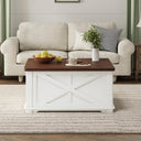 Farmhouse Lift Top Coffee Table, Square Coffee Table with Large Hidden Storage Compartment for Living Room, Wooden Coffee Tables with Brown Flip-Top Lids for Home Office, White